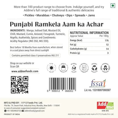 Back label of Punjabi Ramkela Aam ka Achar with ingredients, nutritional information, and Addme branding.