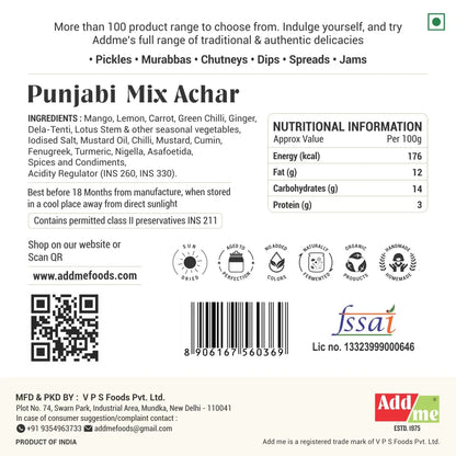 Back of a Punjabi Mix Achar packaging with ingredients, nutritional information, and branding details.