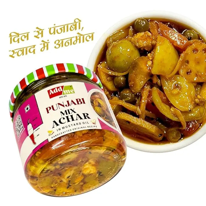 Jar of Punjabi Mix Achar with a bowl of mixed vegetables on a white background