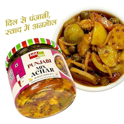 Jar of Punjabi Mix Achar with a bowl of mixed vegetables on a white background