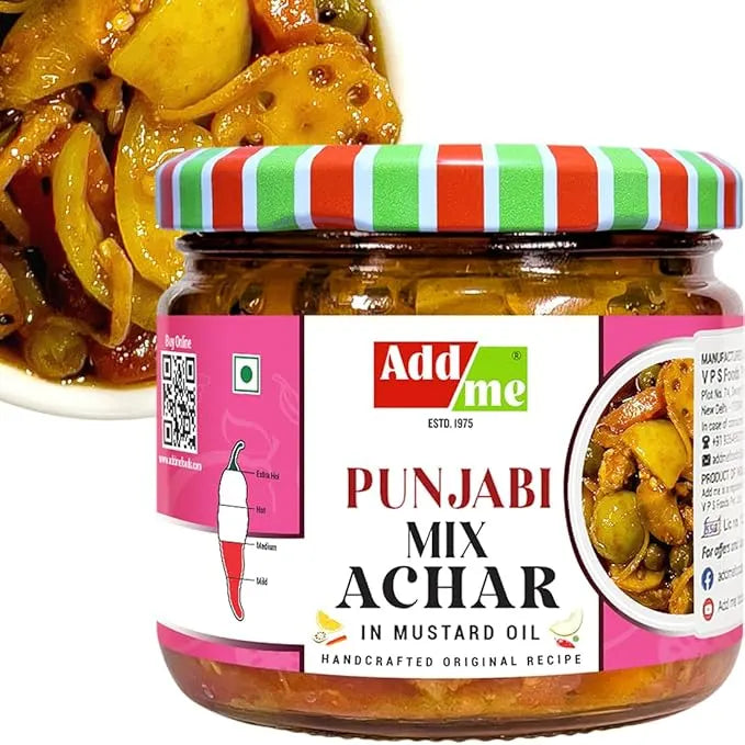 Jar of Punjabi Mix Achar with a colorful lid, featuring AddaMe branding.