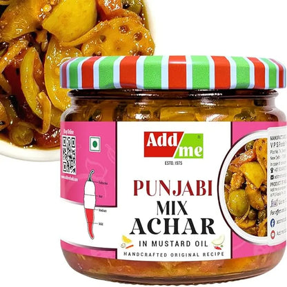 Jar of Punjabi Mix Achar with a colorful lid, featuring AddaMe branding.