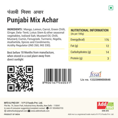 Back label of Punjabi Mix Achar with ingredients, nutritional information, and branding details.