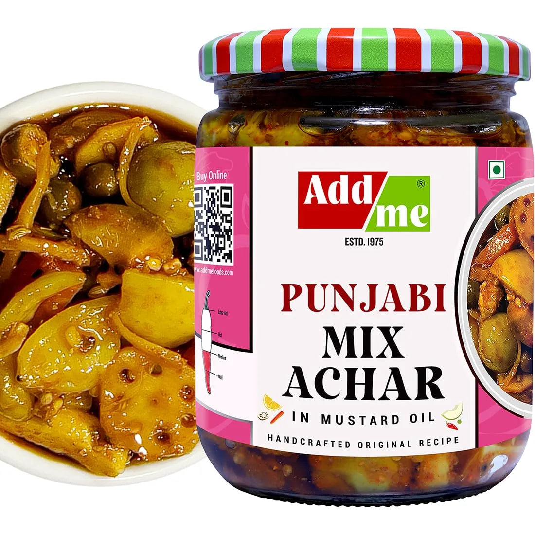 Jar of Add Me Punjabi Mix Achar with a close-up of the dish on a white background