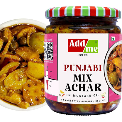 Jar of Add Me Punjabi Mix Achar with a close-up of the dish on a white background