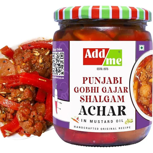 Jar of Punjabi Gobhi Gajar Shalgam Achar with Addme branding and a side view of the pickle.