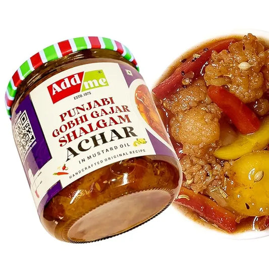 Jar of Add Me Punjabi Gobhi Gajar Shalgam Achar with a side of pickled vegetables on a white background