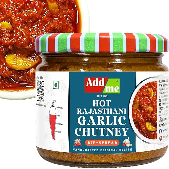 Jar of Adda Me Hot Rajasthani Garlic Chutney with a striped lid