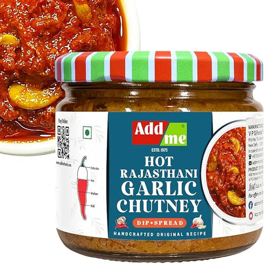 Jar of Adda Me Hot Rajasthani Garlic Chutney with a striped lid