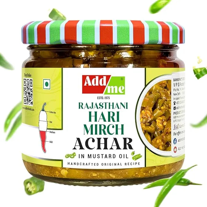 Add Me Foods: Jar of Add Me Rajasthani Hari Mirch Achar with a striped lid on a white background