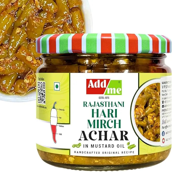 Add Me Foods: Jar of AddaMe Rajasthani Hari Mirch Achar with a colorful lid on a white background