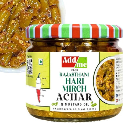 Add Me Foods: Jar of AddaMe Rajasthani Hari Mirch Achar with a colorful lid on a white background