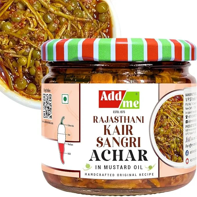 Jar of Add2me Rajasthani Kair Sangri Achar with a striped lid