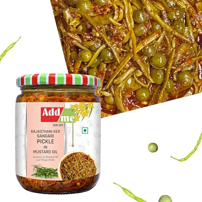 Jar of Add Me Rajasthani Ker Sanghari Pickle with mustard oil, surrounded by green peas and a close-up of the pickle.