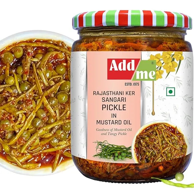 Jar of Add me Rajasthani Ker Sangari Pickle with a close-up of the pickle on a white background
