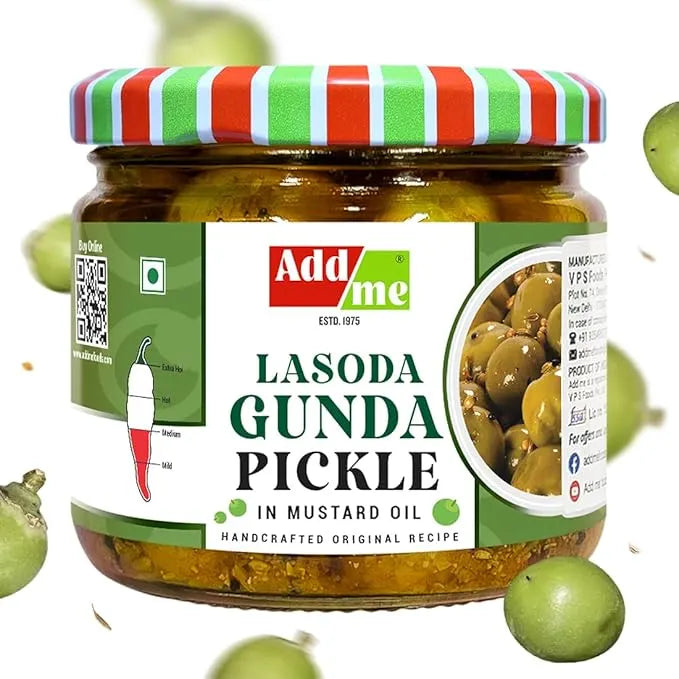 Jar of Add Me Lasoda Gunda Pickle with a colorful lid on a white background