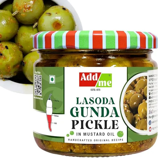 Jar of Adda Me Lasoda Gunda Pickle with a striped lid on a white background