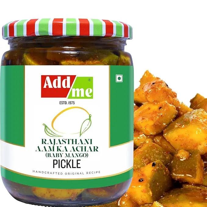 Jar of Add Me pickles with a side of curry on a white background