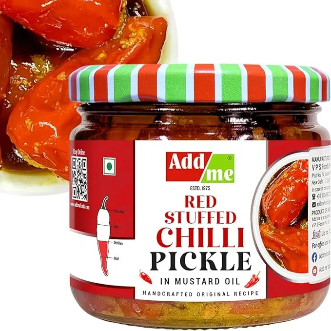 Jar of red stuffed chilli pickle with a striped lid, AddMe brand visible