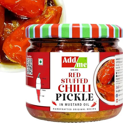 Jar of red stuffed chilli pickle with a striped lid, AddMe brand visible