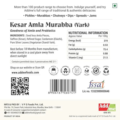 Back of a product packaging with Kesar Amla Murabba (Vark) details, nutritional information, and Addme branding.