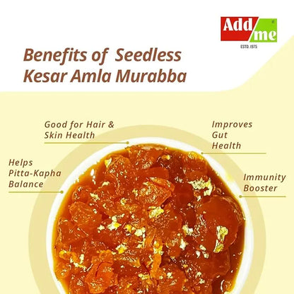 Promotional image of Seedless Kesar Amla Murabba with health benefits listed, branded as 'Add Me'.
