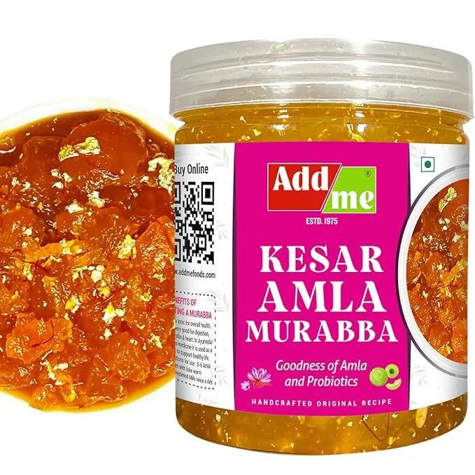 Jar of Kesar Amla Murabba with Add Me branding and a close-up of the product on a white background.