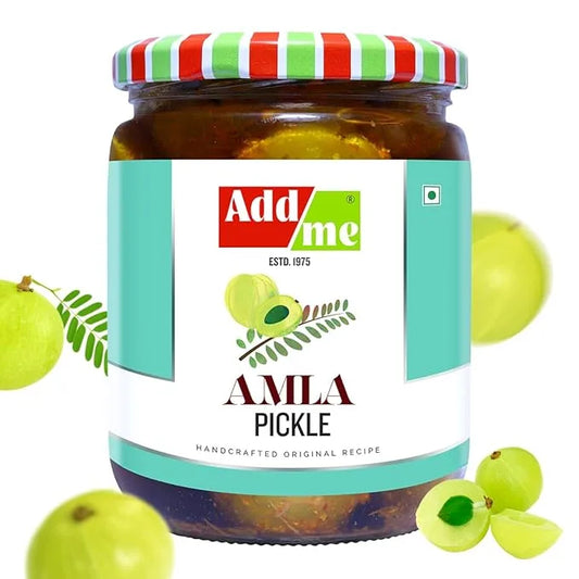 Jar of Amla pickle with 'Add me' label and amla fruits on a white background