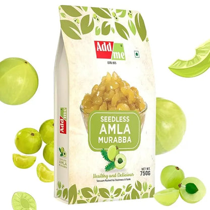 Add Me Foods: Add Me Seedless Amla Murabba packaging with amla fruits on a white background