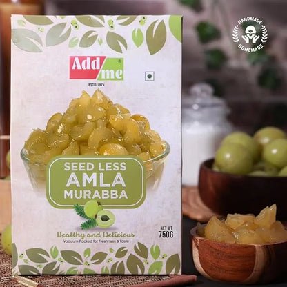 Add Me Foods: Box of Add Me Seed Less Amla Murabba with a bowl of fruit in the background