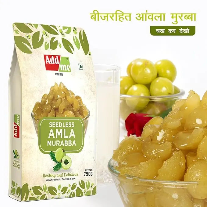 Add Me Foods: Addmore Seedless Amla Murabba packaging with a bowl of amla fruits and a glass of milk.