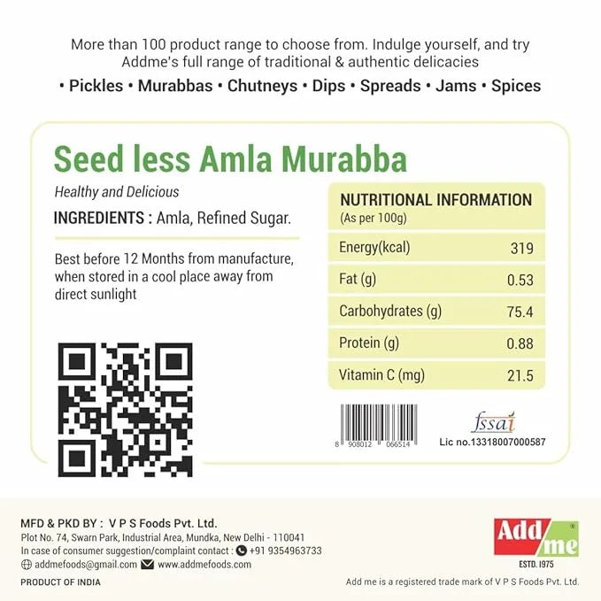 Add Me Foods: Label for Seed less Amla Murabba with nutritional information and ingredients listed.
