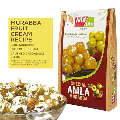 Add Me Foods: Add Me Amla Murabba packaging with a recipe card and a bowl of murabba dessert.