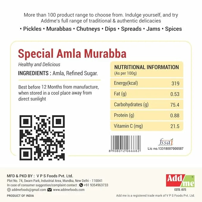 Add Me Foods: Product label for Special Amla Murabba with nutritional information and branding details.