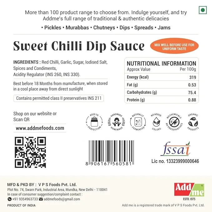 Add Me Foods: Back label of Sweet Chilli Dip Sauce with ingredients, nutritional information, and branding details.