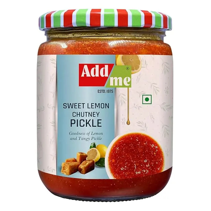 Jar of Add me Sweet Lemon Chutney Pickle with a colorful lid on a white background