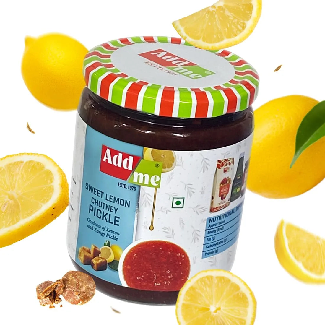 Jar of Add me Sweet Lemon Chutney Pickle with lemons on a white background