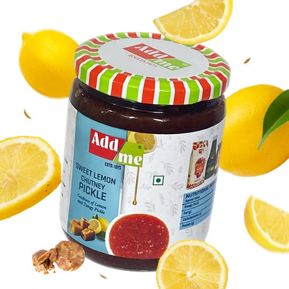 Jar of Add me Sweet Lemon Chutney Pickle with lemons on a white background