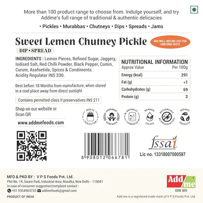 Back of a Sweet Lemon Chutney Pickle packaging with nutritional information, ingredients list, and branding details.
