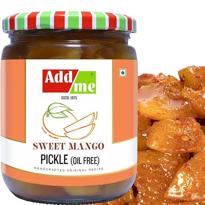 Jar of Add Me Sweet Mango Pickle with a close-up of pickles on a white background
