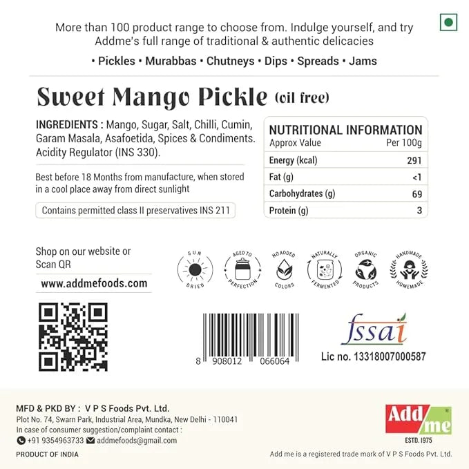Back label of Sweet Mango Pickle with ingredients, nutritional information, and branding details.