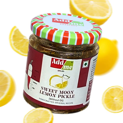 Jar of Add me Sweet Moon Lemon Pickle with a striped lid, surrounded by lemon slices on a white background, lemon pickle