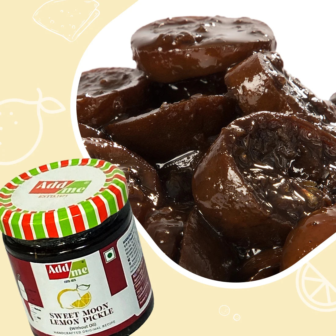 Jar of Adda Me Sweet Moon Lemon Pickle with a close-up of pickles on a beige background, lemon pickle