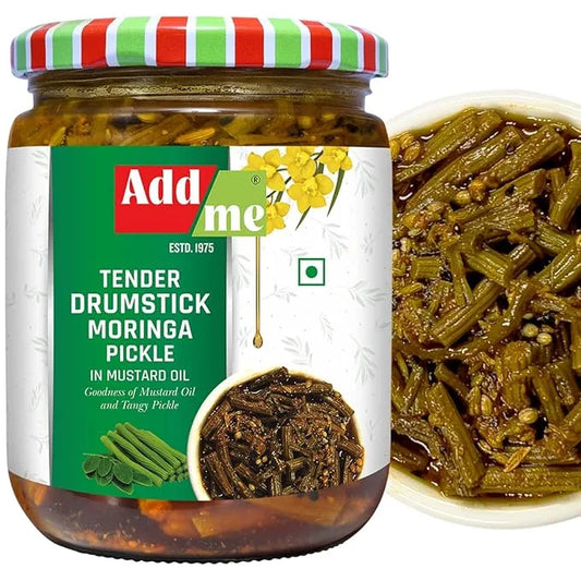Jar of Add Me Tender Drumstick Moringa Pickle with a close-up inset showing the pickles.