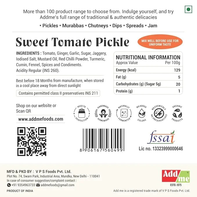 Back label of Sweet Tomato Pickle with ingredients, nutritional information, and branding details.