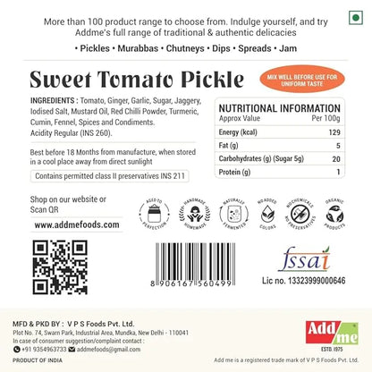 Back label of Sweet Tomato Pickle with ingredients, nutritional information, and branding details.