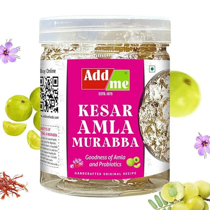 Add Me Foods: Jar of Kesar Amla Murabba with Add Me label surrounded by amla fruits and saffron.
