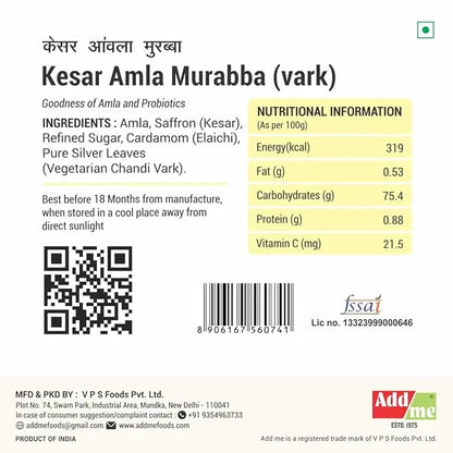 Add Me Foods: Kesar Amla Murabba (vark) label with ingredients, nutritional information, and branding details.