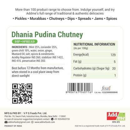 Dhania Pudina Chutney label with ingredients, nutritional information, and Addme branding.