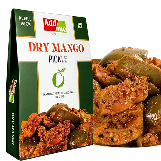 Add Me Dry Mango Pickle packaging with a close-up of the pickle on a white background